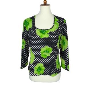 XL VTG Y2k Black White Green Floral Polka Dot Square Neck Stretchy Blouse Top